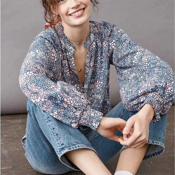 Anthropologie Maeve Colette Floral Motif Mosaic Ballon Sleeve Peasant Blouse Top - Picture 1 of 13